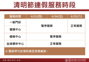 【新國民醫院】臺北醫學大學新國民醫院清明連假服務時段